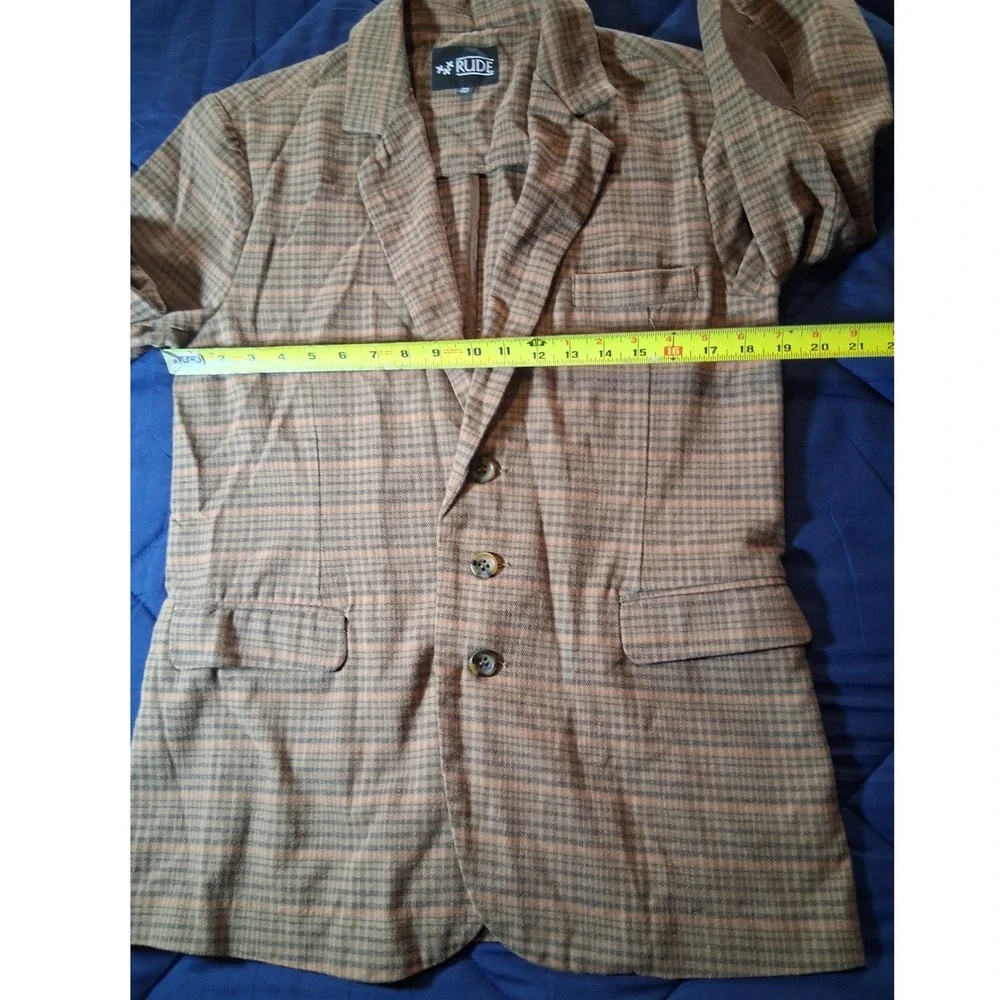 Rude XXX‎ Mens Brown Plaid Blazer Jacket with Elbow Patches Size Medium Academic